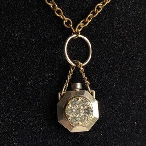 Vintage Gold Tone Chain Link Rhinestone Perfume Bottle Charm Necklace